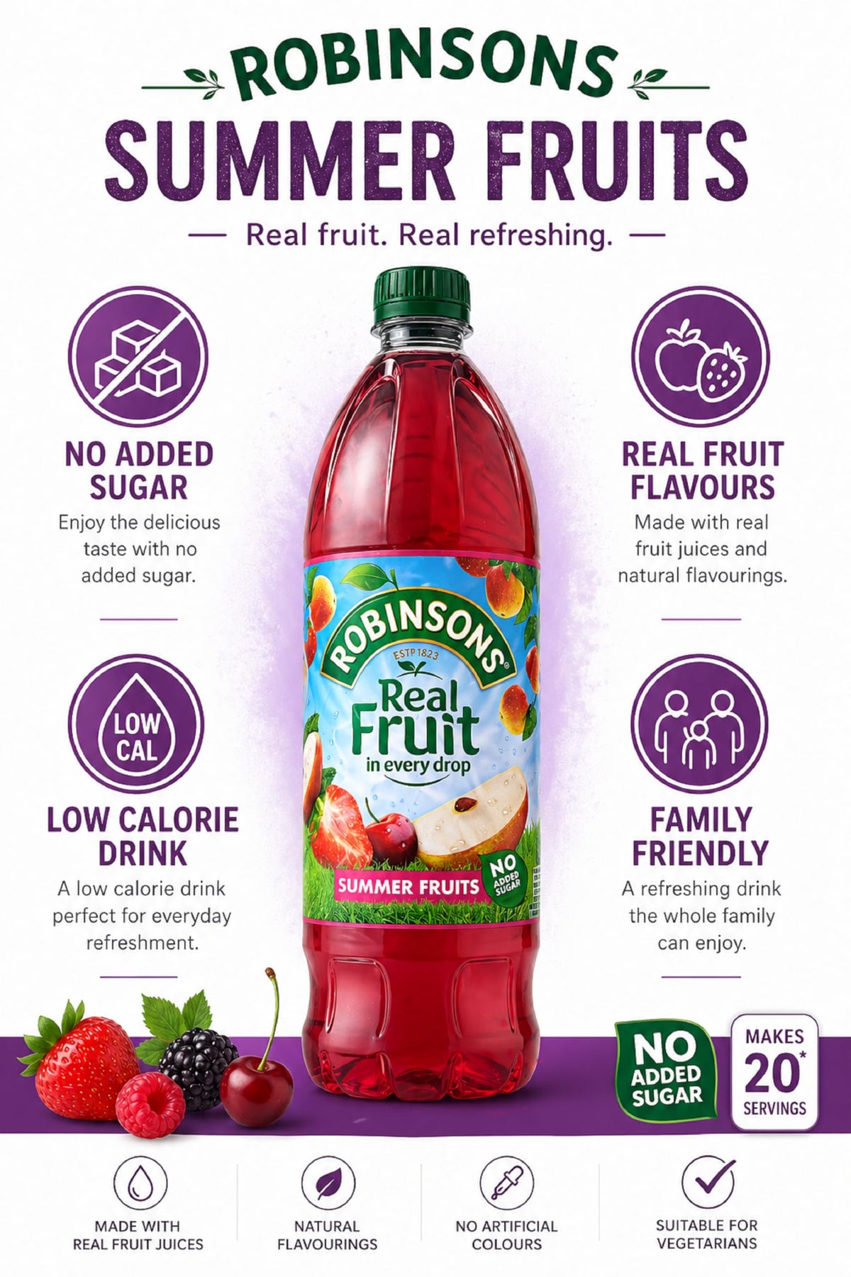 Robinsons Summer Fruits glass with ice showing a cool summer drink.