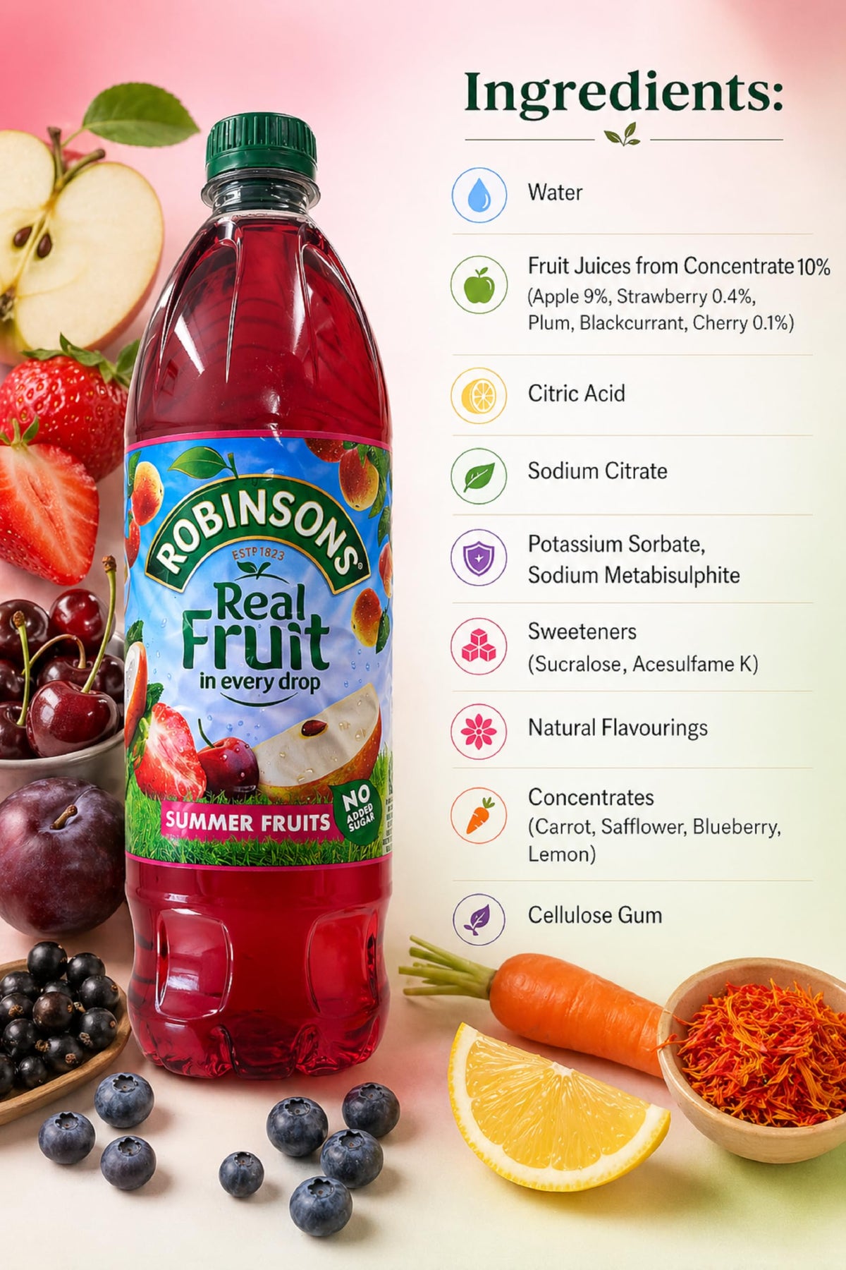 Robinsons Summer Fruits ingredients visual emphasizing real fruit juice content.