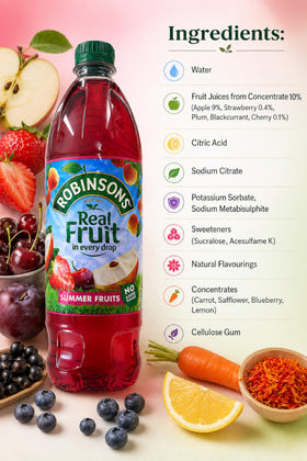 Robinsons Summer Fruits ingredients visual emphasizing real fruit juice content.