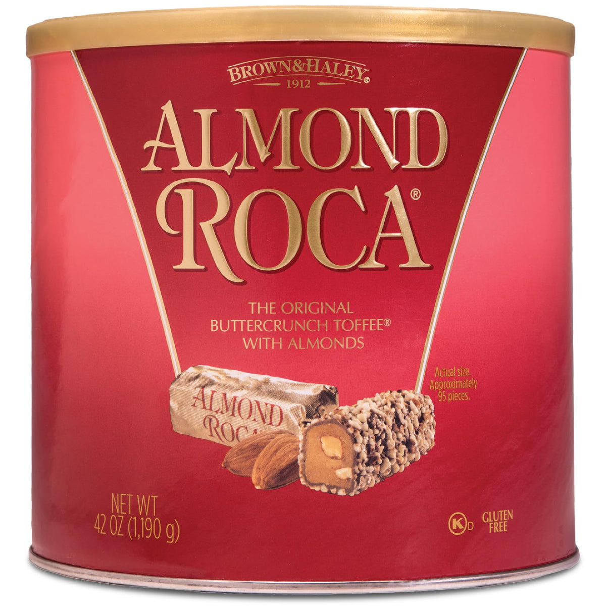 Roca almond buttercrunch toffee canister 42oz, great for gifting and sharing.
