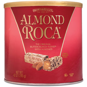 Roca almond buttercrunch toffee canister 42oz, great for gifting and sharing.