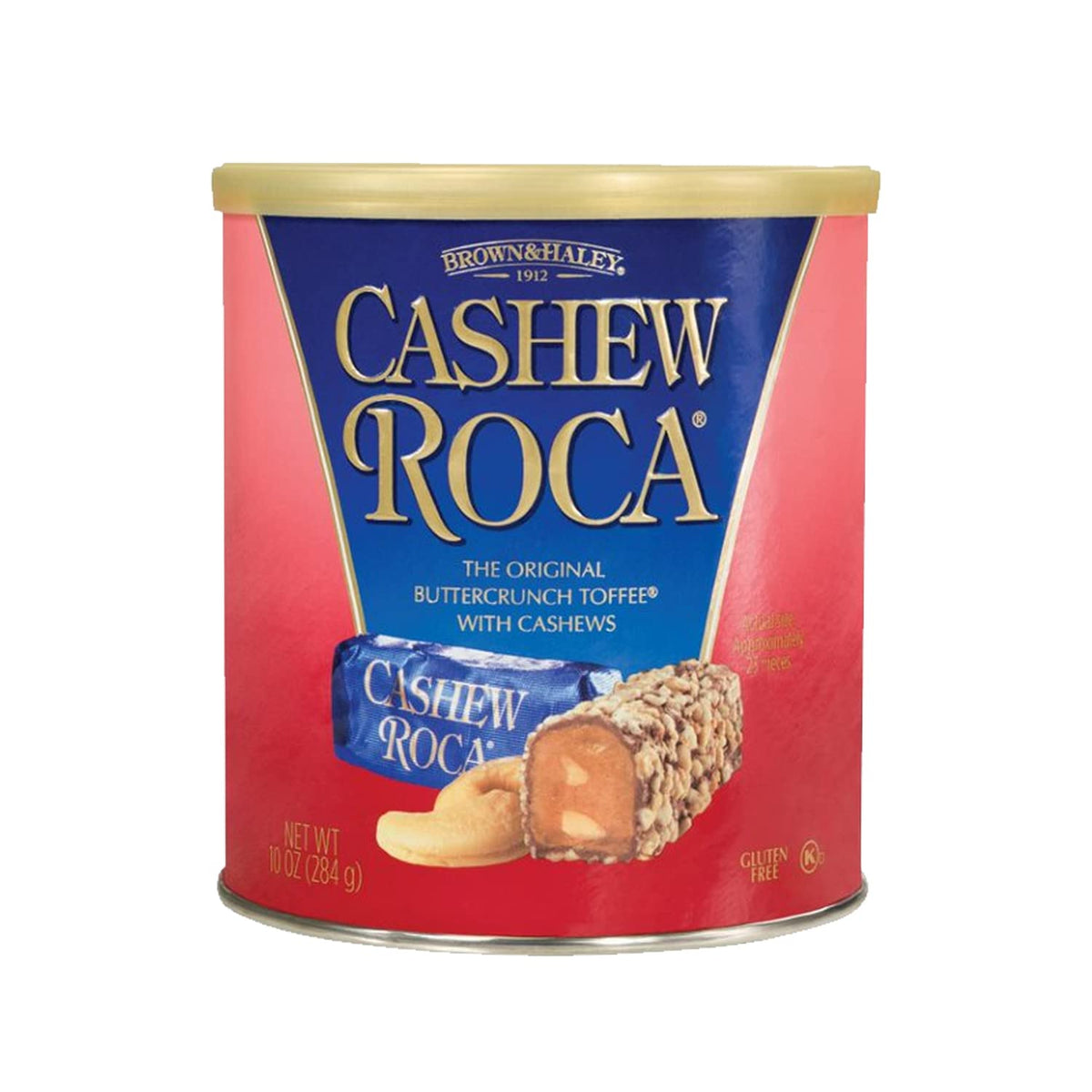 Roca Brown-Haley cashew roca canister close-up shows buttercrunch texture, ideal for sharing.