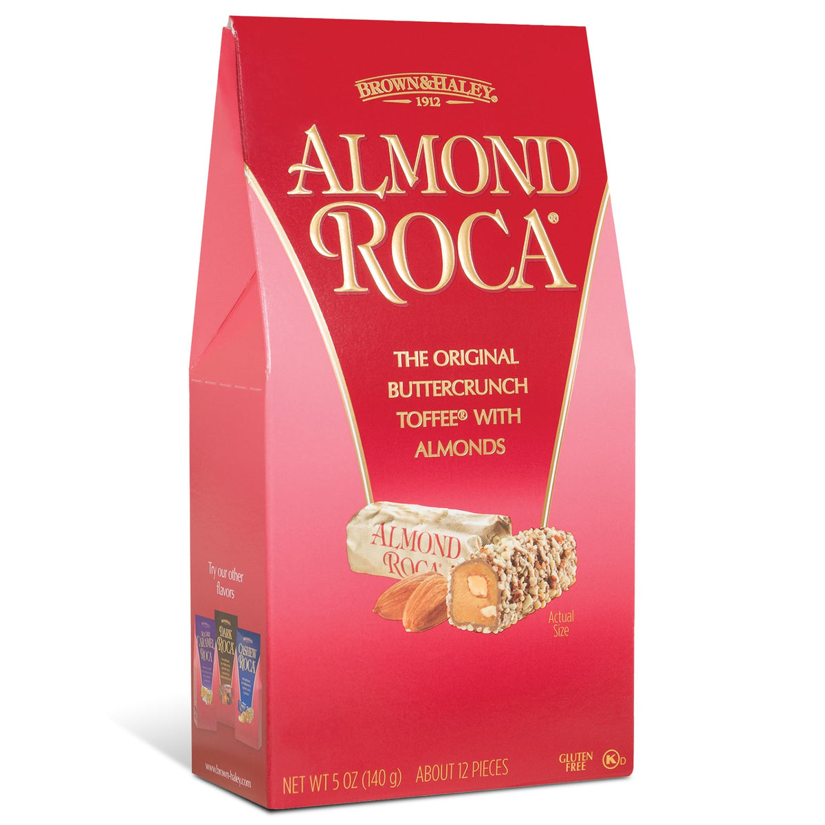 ROCA stand-up box front featuring chocolate caramel buttercrunch toffee.