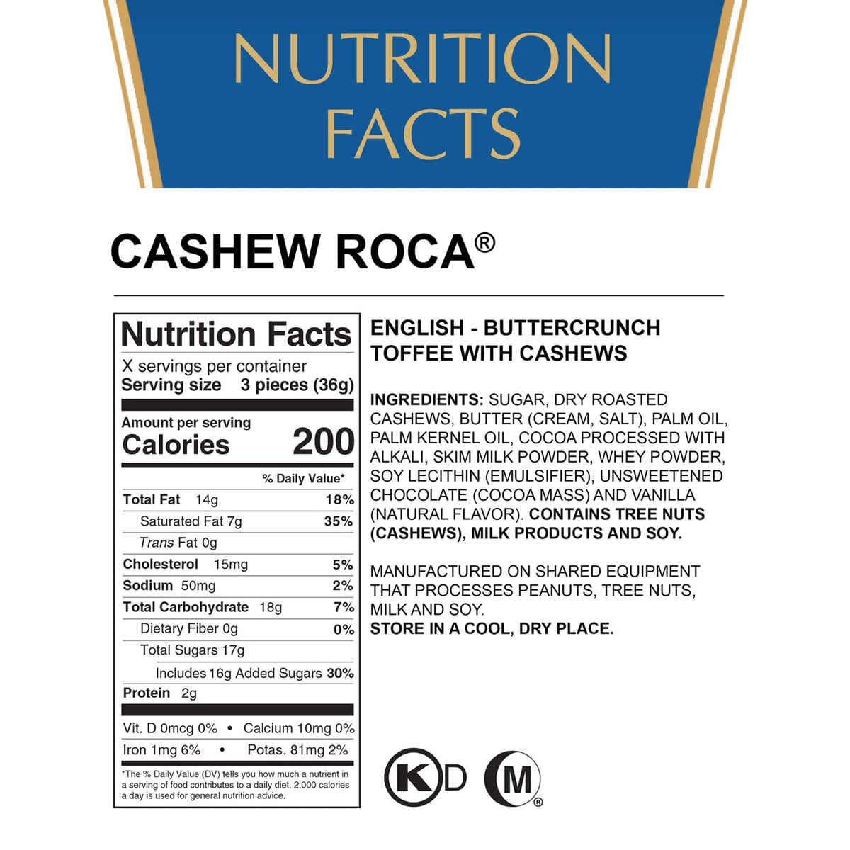 Roca cashew buttercrunch toffee slice reveals crunchy nuts and creamy butter.