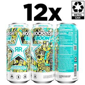 Rockstar Boom Piña Colada 12-pack on shelf for convenient fueling