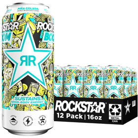 Rockstar Boom Piña Colada 16oz can close-up showing energy boost