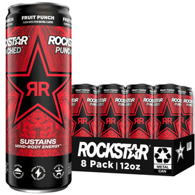 Rockstar Fruit Punched 12oz cans front view, quick daytime boost