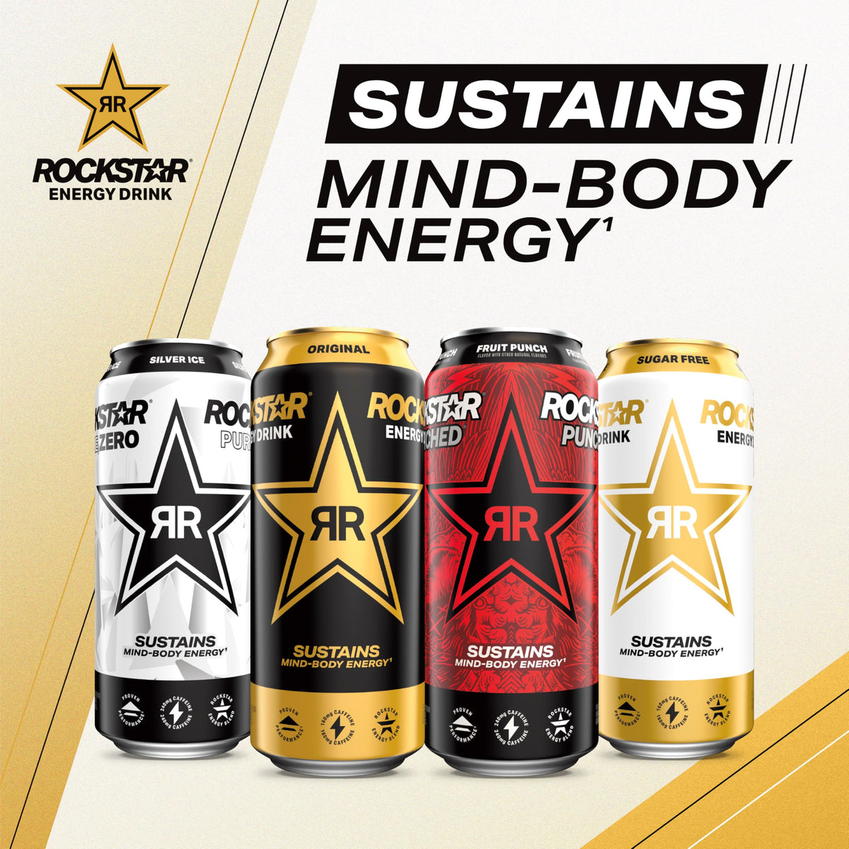 Rockstar Fruit Punched cans side view, ideal for on-the-go energy
