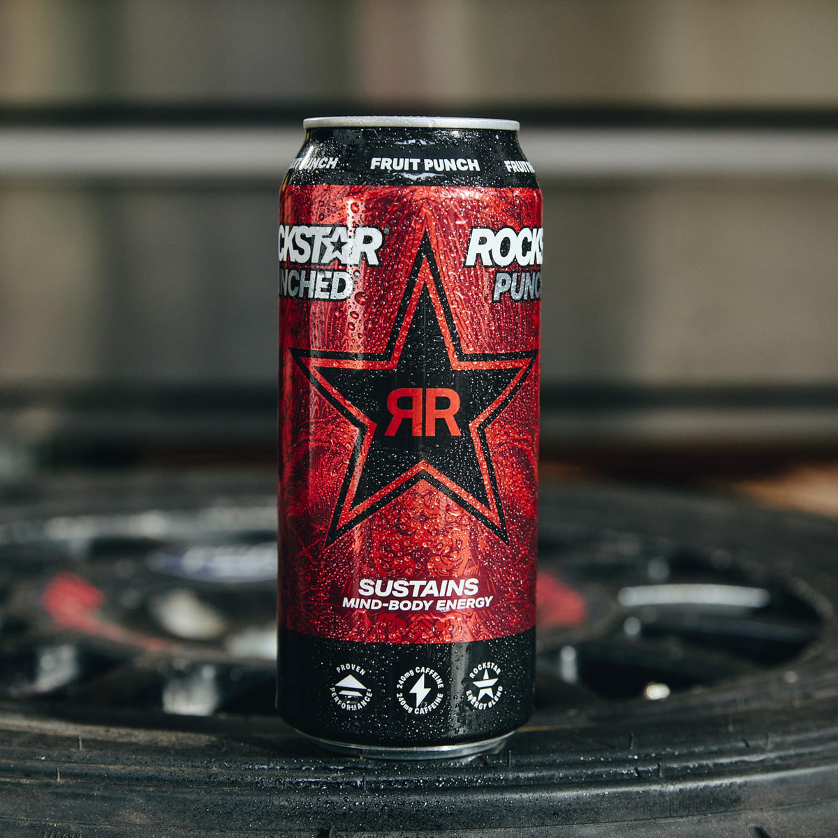 Rockstar Fruit Punched label closeup, highlights caffeine and flavor notes