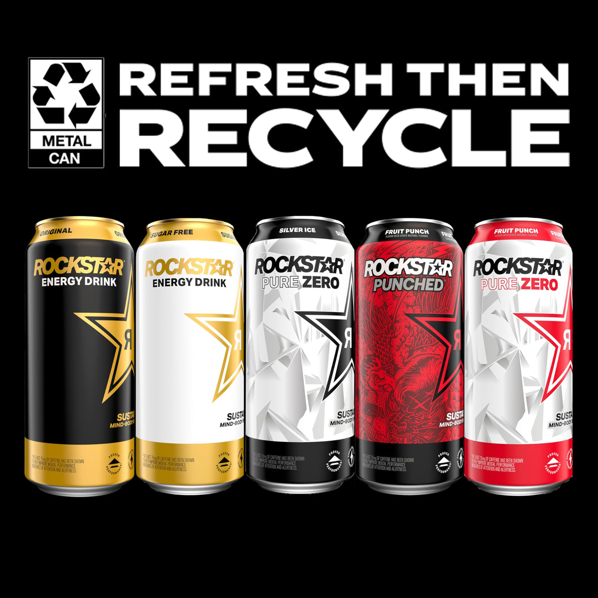 Rockstar Fruit Punched pack display, eight-pack for on-the-go routines
