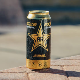 Recycling symbol on Rockstar can supports eco-friendly disposal.