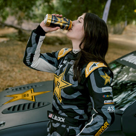 Rockstar energy label detail highlights caffeine and B-vitamins for alertness.