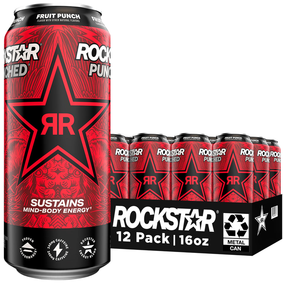 Rockstar Punched Fruit Punch 16oz can pack 12 for on-the-go energy