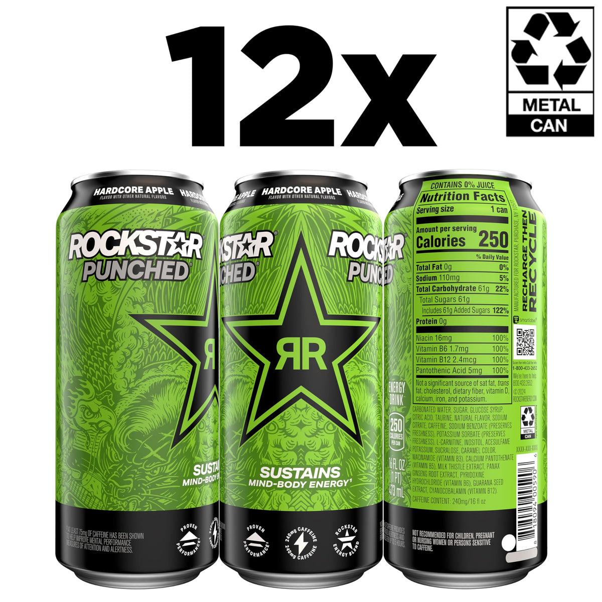 Rockstar Punched Hardcore Apple 12-pack display emphasizing value and convenient on-hand energy
