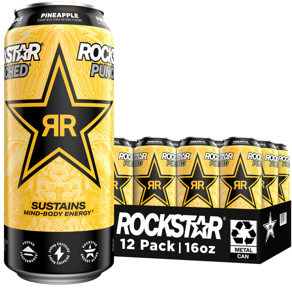 Rockstar Punched Pineapple can—bold energy for workouts and daytime routines.