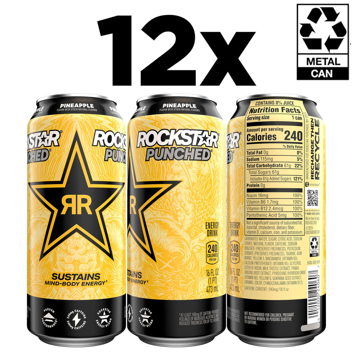 Rockstar Punched Pineapple label closeup shows vibrant flavor cues for pineapple lovers.