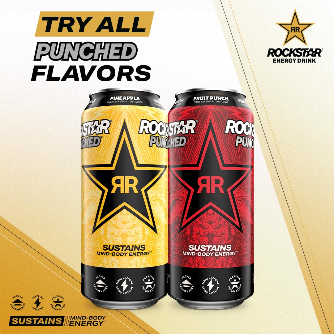 Rockstar Punched Pineapple pack of 12 cans for on-the-go energy.