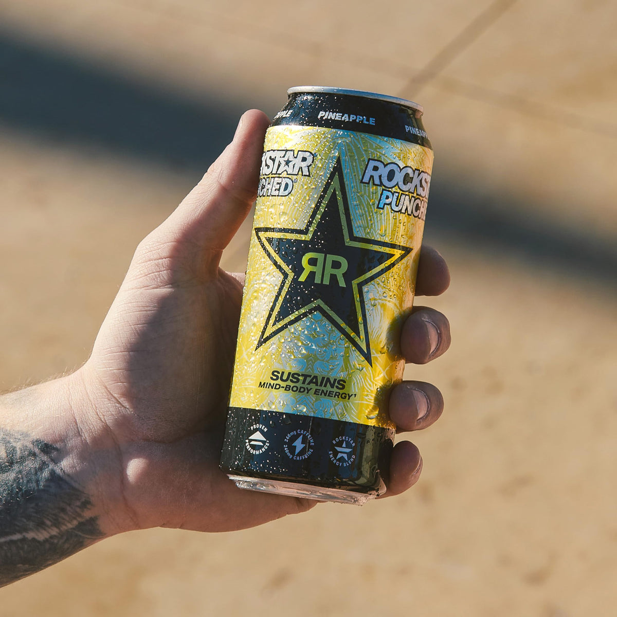 Rockstar Punched Pineapple packaging emphasizes reliable energy on the go.