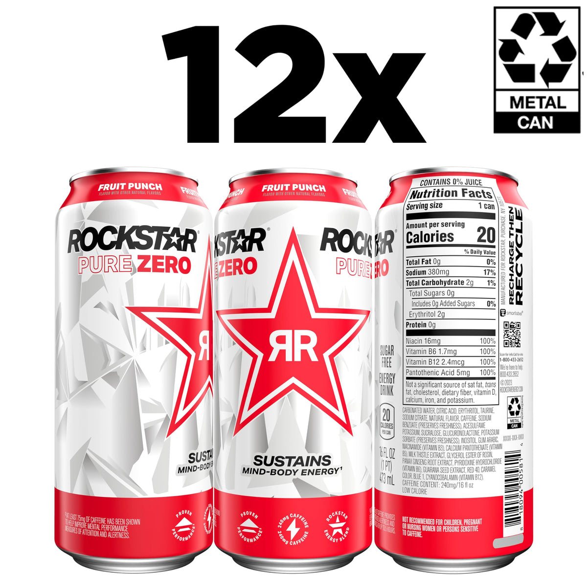 Rockstar Pure Zero Fruit Punch can back view, highlights caffeine content for focus.