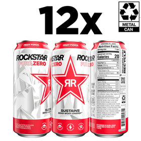 Rockstar Pure Zero Fruit Punch can back view, highlights caffeine content for focus.