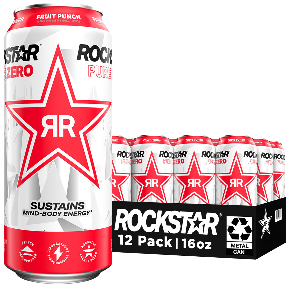 Rockstar Pure Zero Fruit Punch can front view, zero sugar energy for workouts.