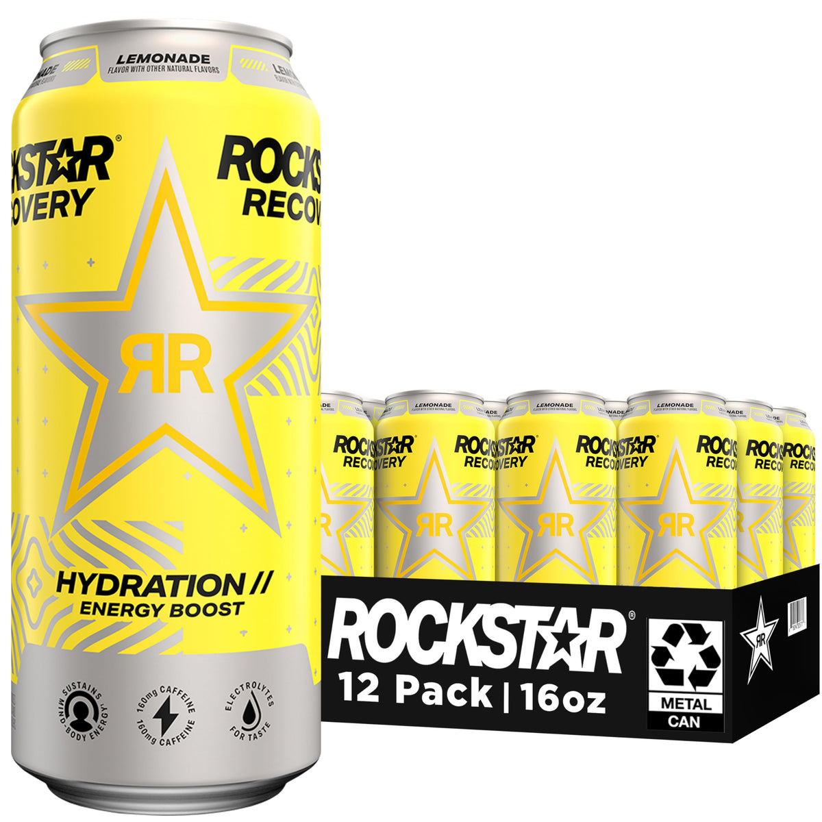 Rockstar Recovery Lemonade 16oz can front view with caffeine and electrolytes.