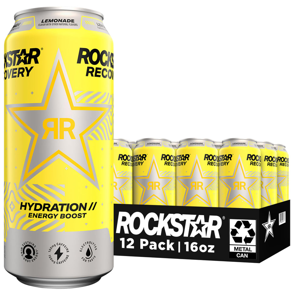 Rockstar Recovery Lemonade 16oz can front view with caffeine and electrolytes.