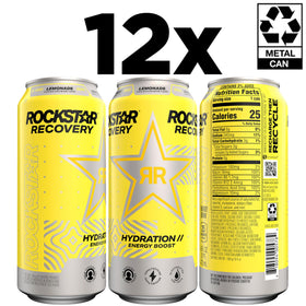 Rockstar Recovery Lemonade 16oz can side angle highlighting electrolytes for taste.
