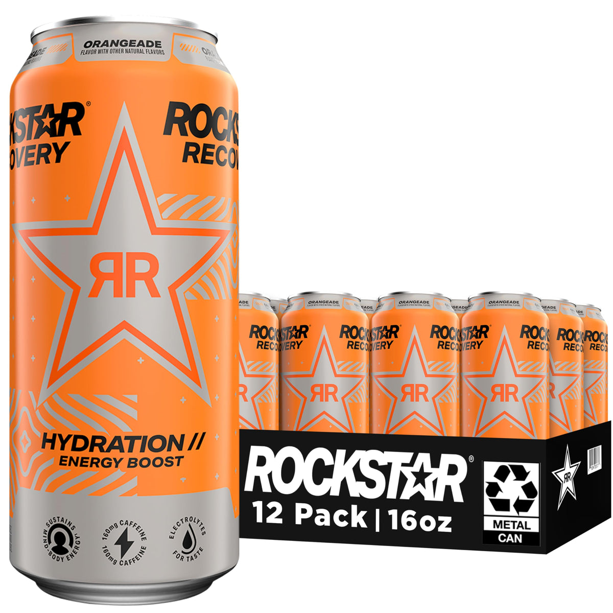 Rockstar Recovery Orange can 16 oz for an on-the-go energy boost.
