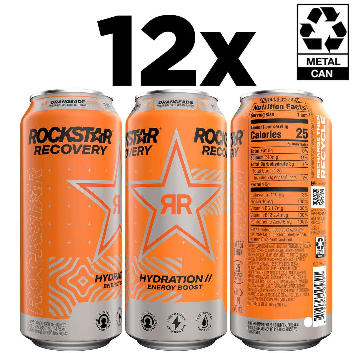 Rockstar Recovery Orange label showcasing vibrant juice-flavored energy for workouts.