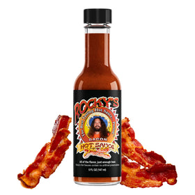 Rocky's Bacon Hot Sauce bottle on table adds smoky bacon flavor to breakfast.