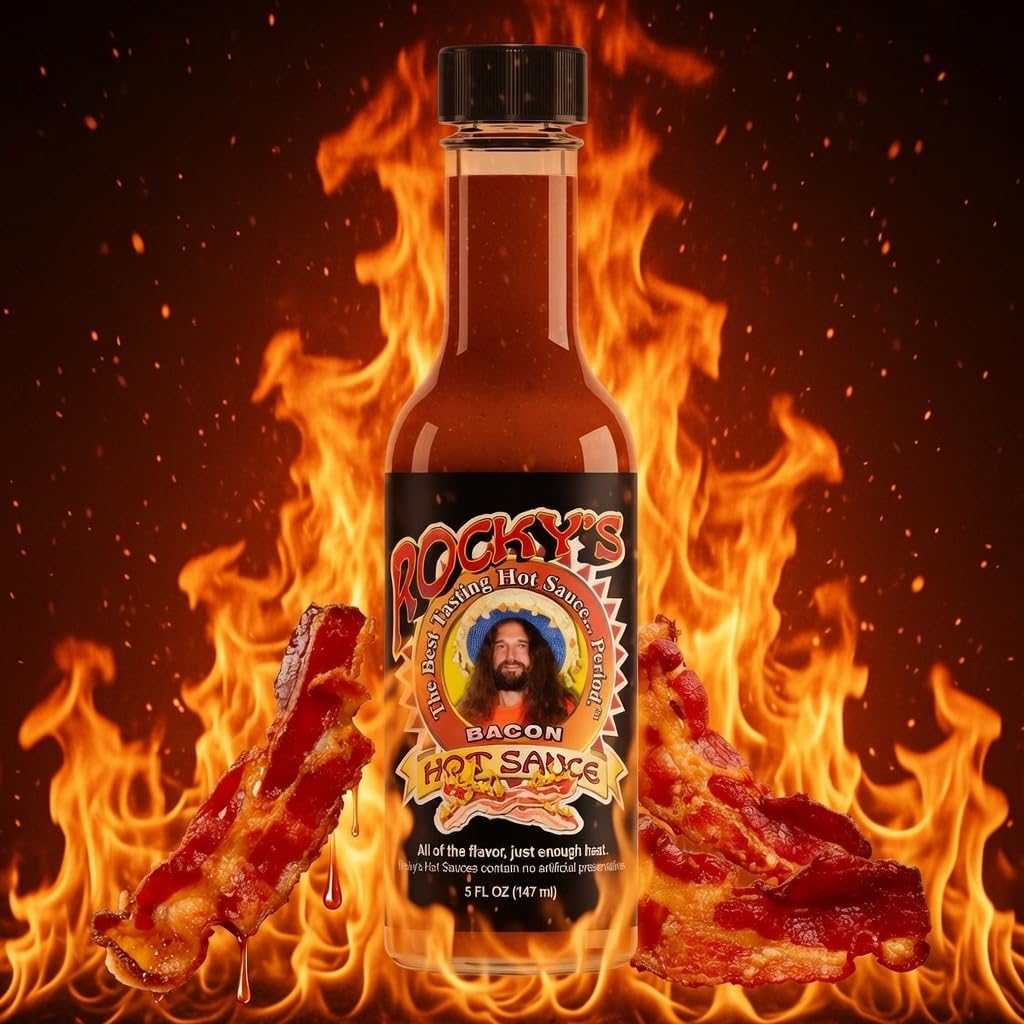 Rocky's Bacon Hot Sauce on kitchen counter invites bold cooking experiments.