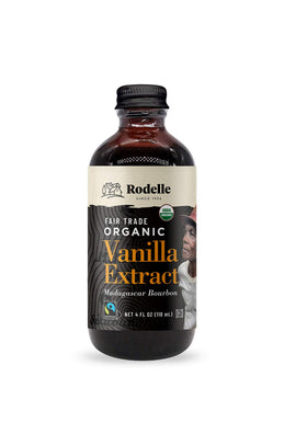 Rodelle vanilla bottle showing Fairtrade organic extract ideal for baking