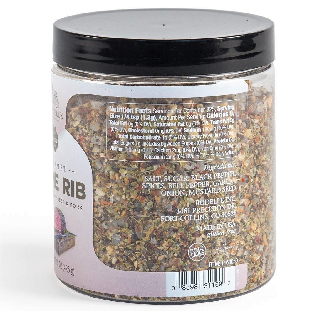Rodelle Prime Rib Seasoning spice shaker on shelf enhances savory notes for roasts