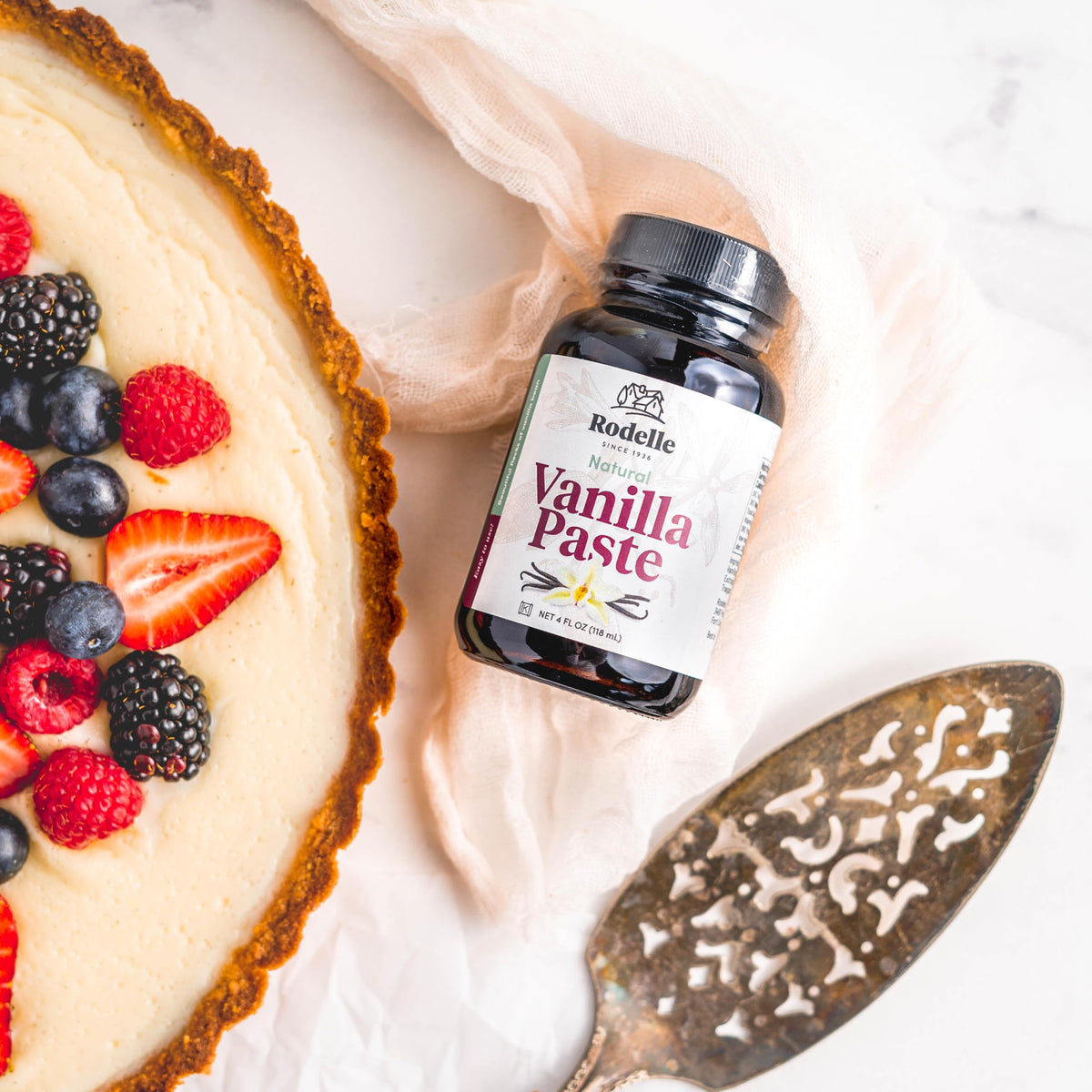 Rodelle vanilla paste scoop illustrating quick measuring for consistent vanilla intensity