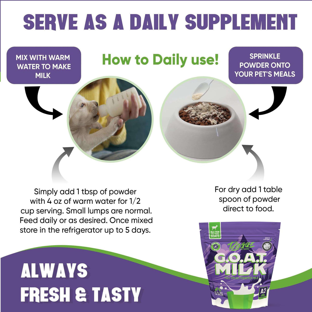 Dog meal topped with G.O.A.T Milk powder for flavor boost.