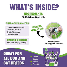 Rogue Pet Science measuring scoop showing precise goat milk portions.