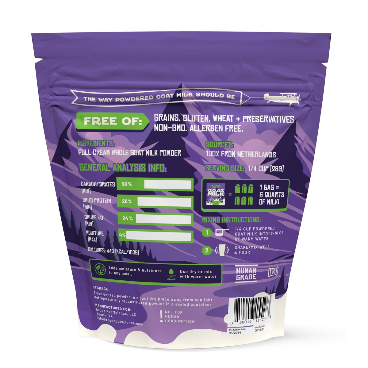 Rogue Pet Science purity testing label confirms third-party verification.