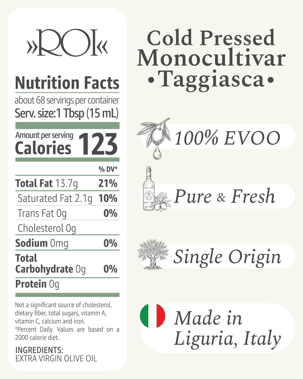 ROI Ligurian olive oil bottle label closeup shows single-origin Taggiasca quality