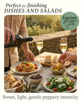 ROI Ligurian olive oil glass bottle angled for smooth flow