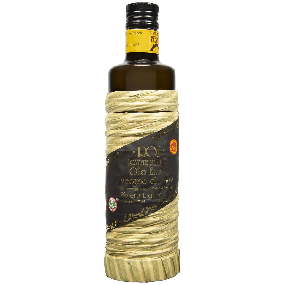 ROI Taggiasca olive oil bottle on a rustic table for premium cooking.