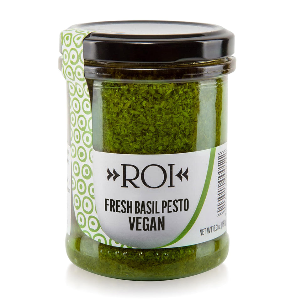 ROI vegan pesto bottle with Genovese basil, ideal for pasta and vegetables