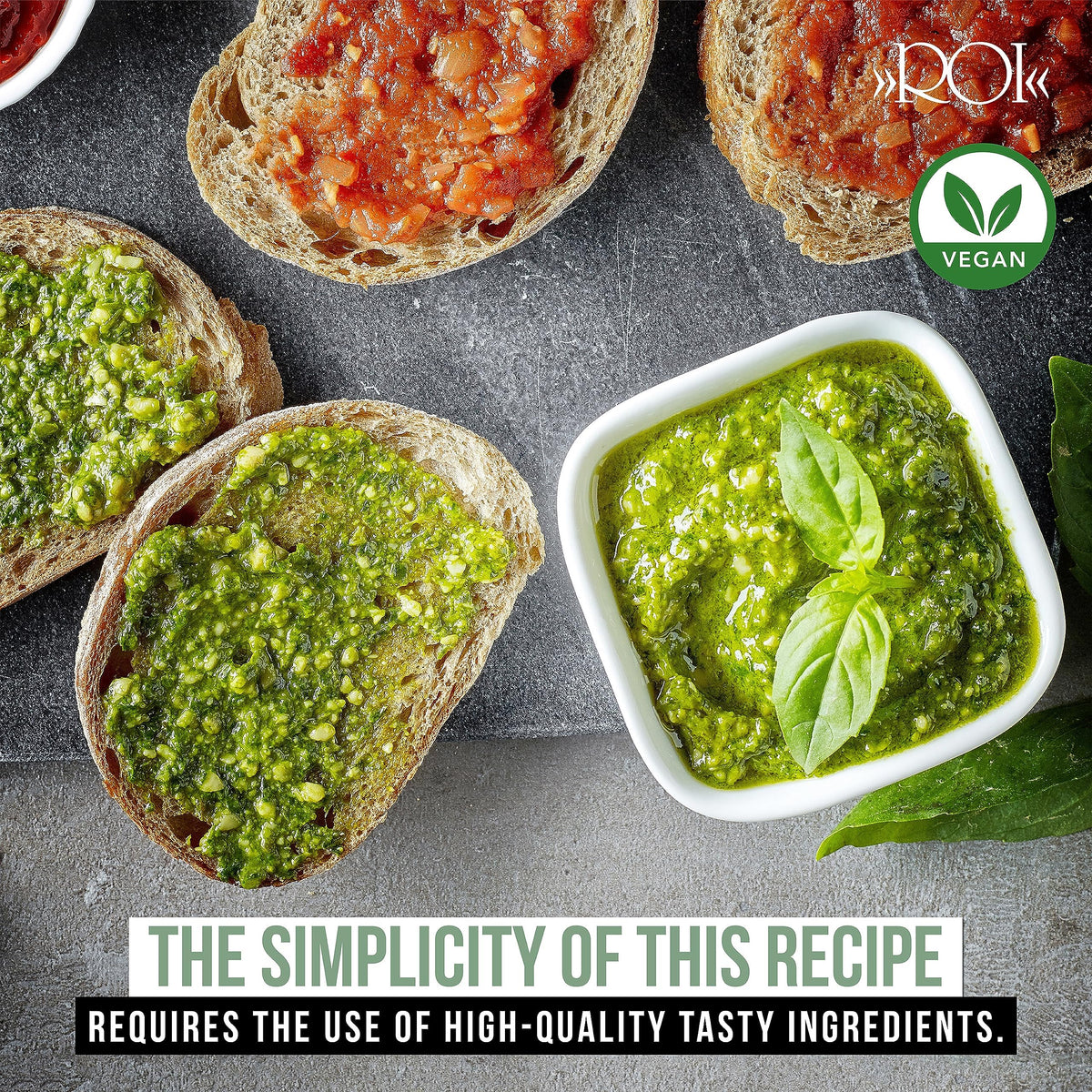 ROI vegan pesto ingredients including Ligurian EVOO and pine nuts