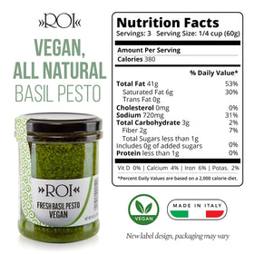 ROI vegan pesto jar closeup showing Genovese basil and pine nuts