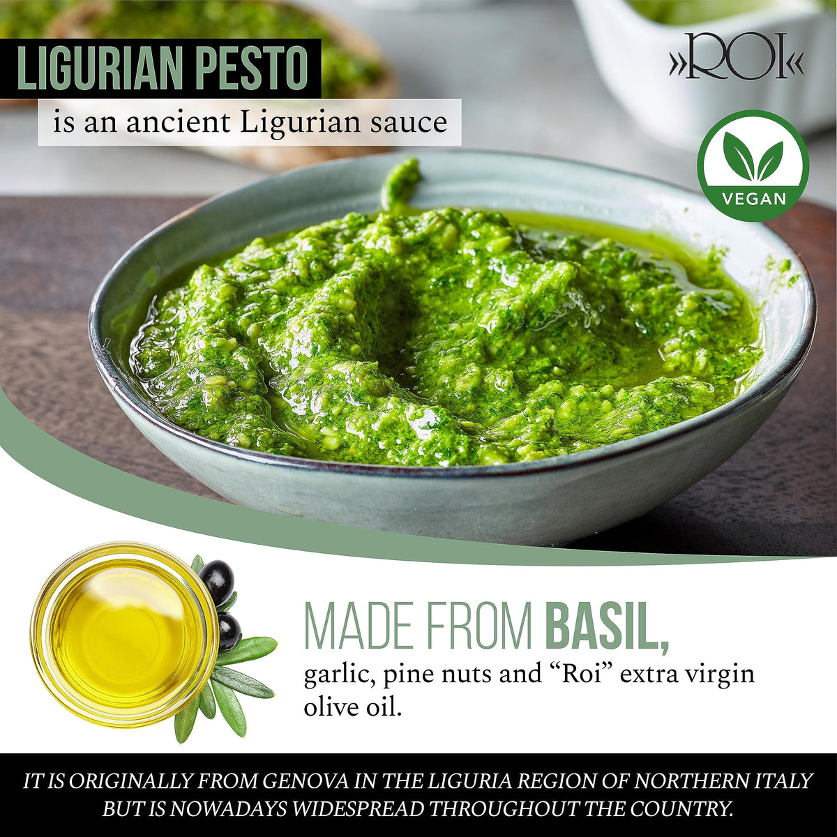 ROI vegan pesto on linguine highlighting fresh Genovese basil