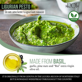 ROI vegan pesto on linguine highlighting fresh Genovese basil