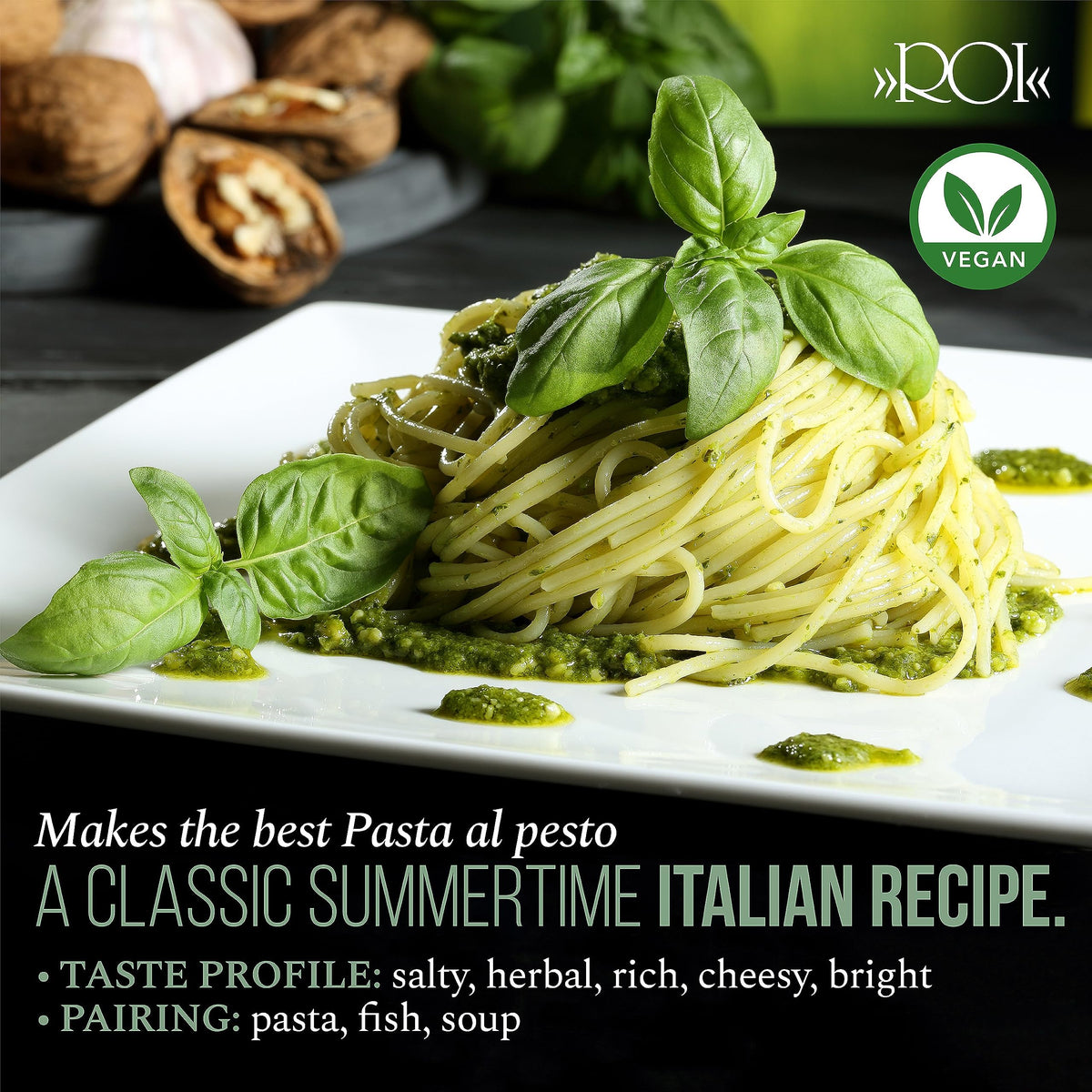 ROI vegan pesto served with trofie to showcase authentic color