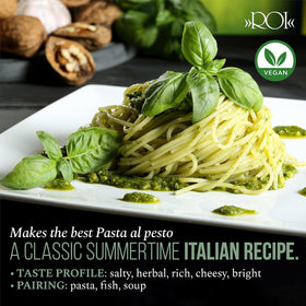 ROI vegan pesto served with trofie to showcase authentic color