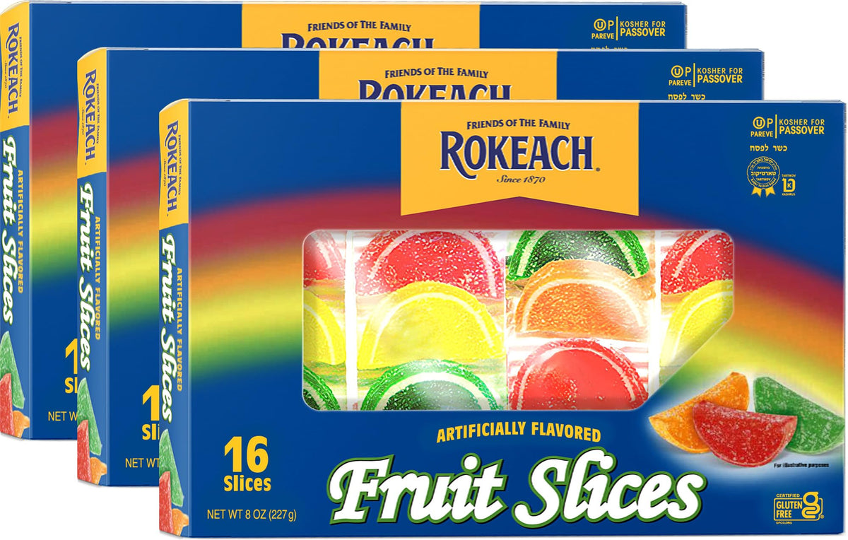 Rokeach Fruit Slices pack of 3 boxes shown, convenient kosher snack option.