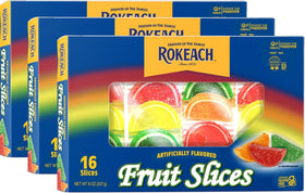 Rokeach Fruit Slices pack of 3 boxes shown, convenient kosher snack option.